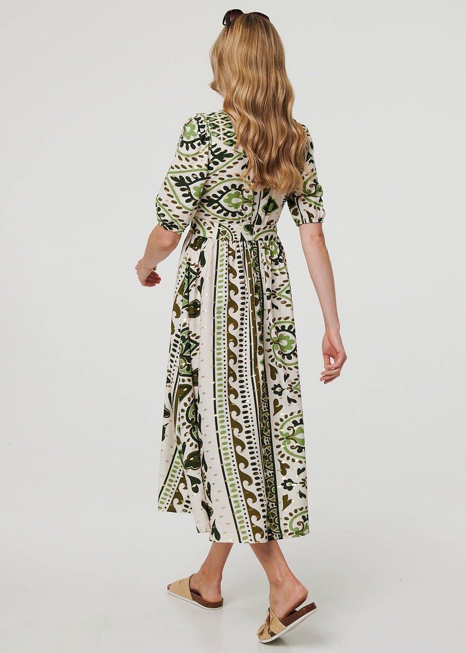 Izabel London Green Printed 1/2 Sleeve A-Line Midi Dress