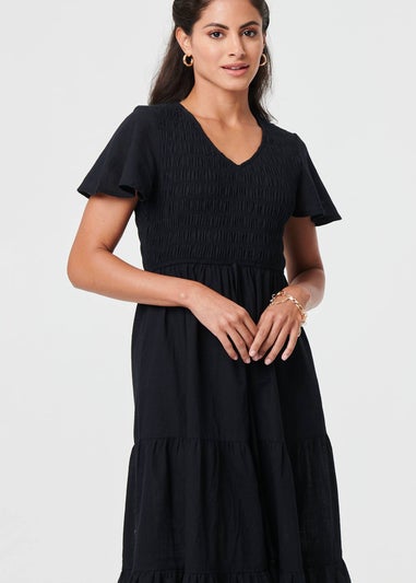 Izabel London Black Smocked Flared Sleeve Tiered Midi Dress