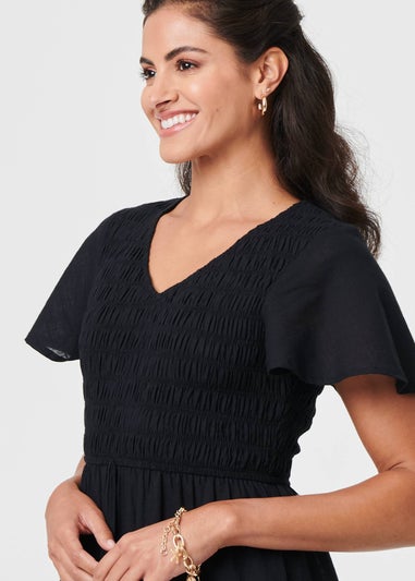 Izabel London Black Smocked Flared Sleeve Tiered Midi Dress