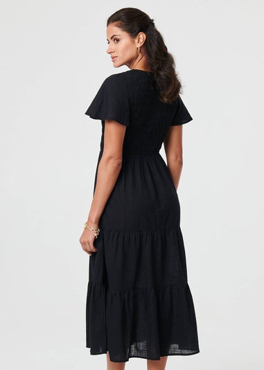 Izabel London Black Smocked Flared Sleeve Tiered Midi Dress