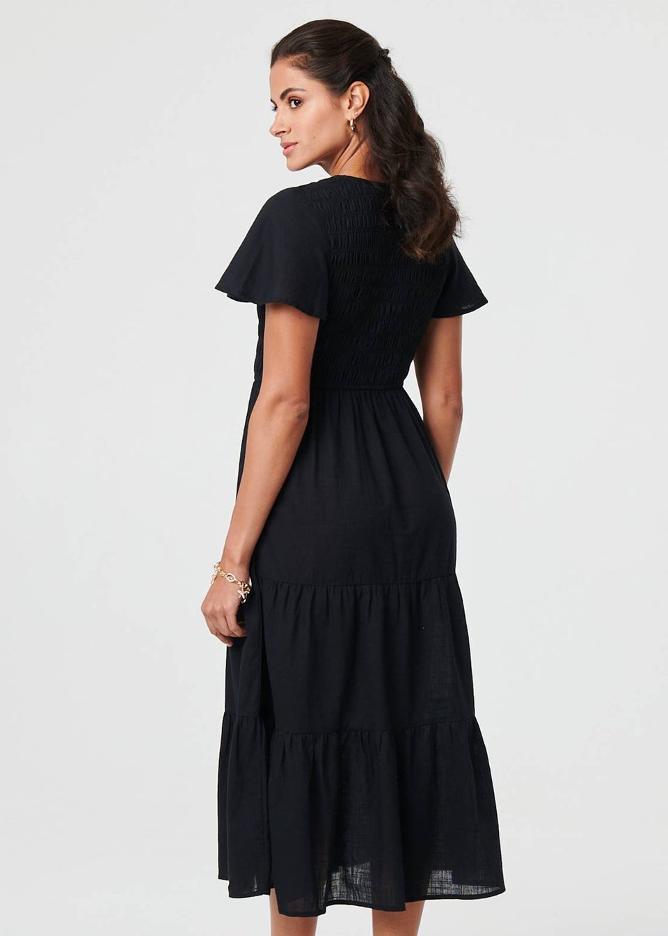 Izabel London Black Smocked Flared Sleeve Tiered Midi Dress