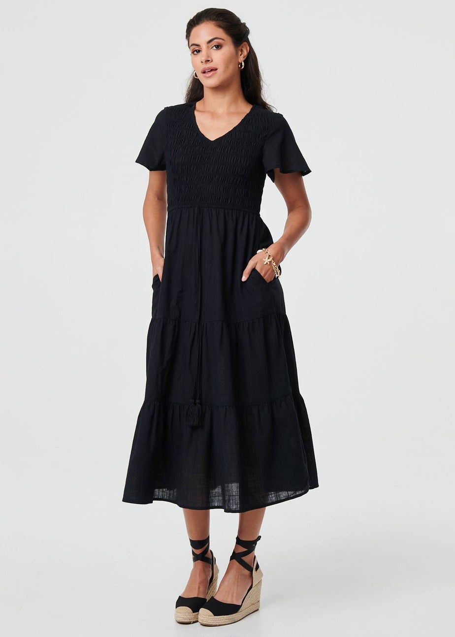 Izabel London Black Smocked Flared Sleeve Tiered Midi Dress