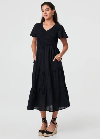 Izabel London Black Smocked Flared Sleeve Tiered Midi Dress