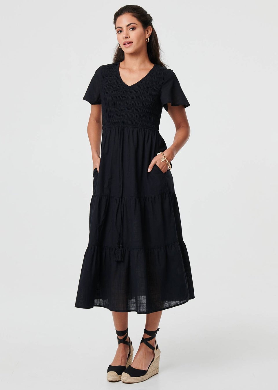 Izabel London Black Smocked Flared Sleeve Tiered Midi Dress