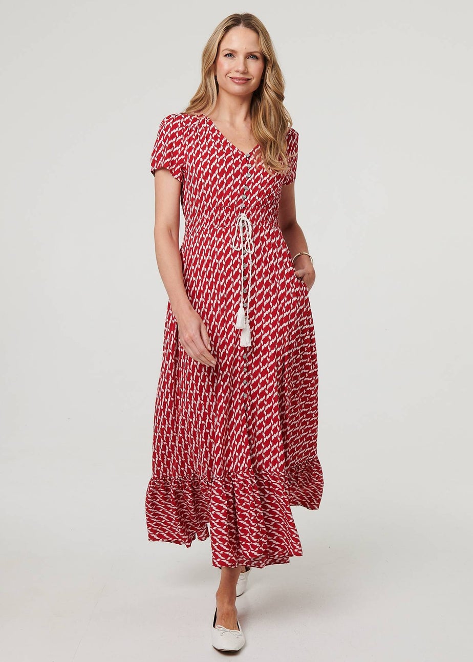 Izabel London Red Printed Smocked Tie Waist Maxi Dress