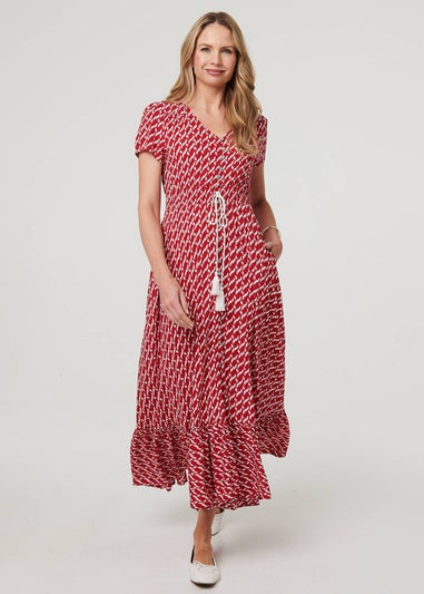 Izabel London Red Printed Smocked Tie Waist Maxi Dress
