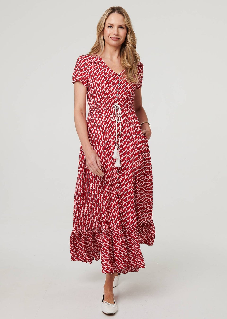Izabel London Red Printed Smocked Tie Waist Maxi Dress