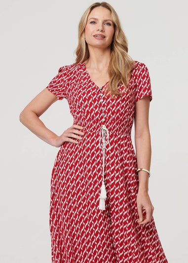 Izabel London Red Printed Smocked Tie Waist Maxi Dress