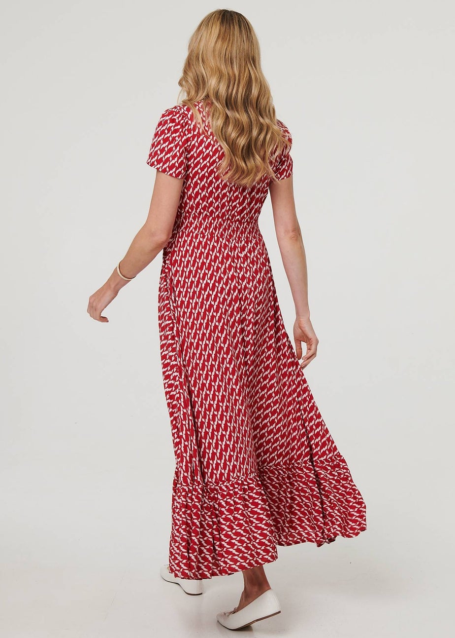 Izabel London Red Printed Smocked Tie Waist Maxi Dress