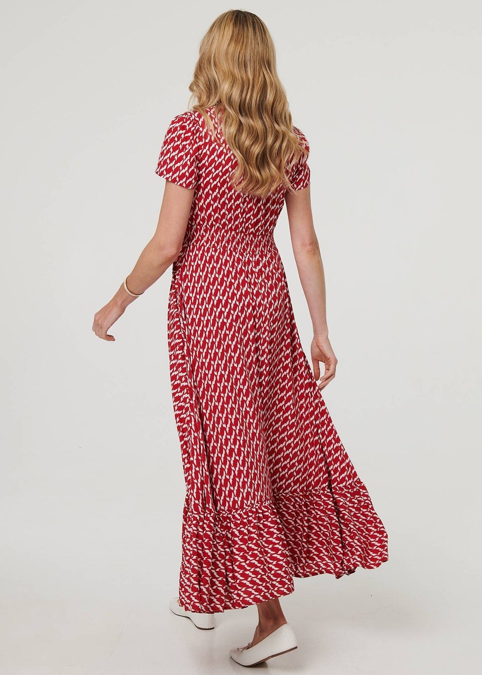 Izabel London Red Printed Smocked Tie Waist Maxi Dress