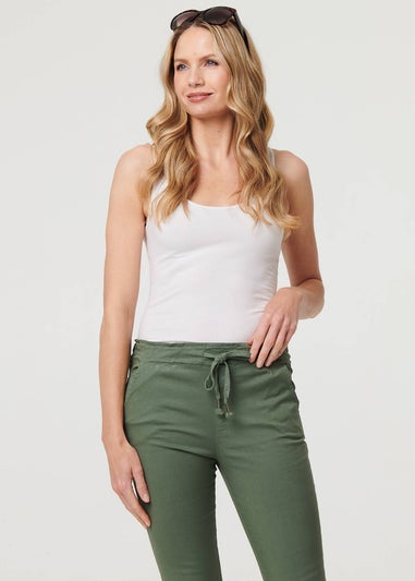Izabel London Khaki Tie Waist Slim Cropped Trousers
