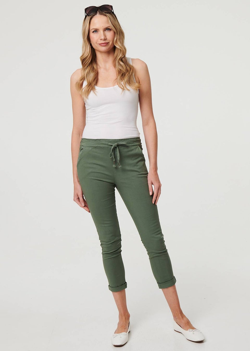 Izabel London Khaki Tie Waist Slim Cropped Trousers