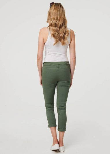 Izabel London Khaki Tie Waist Slim Cropped Trousers