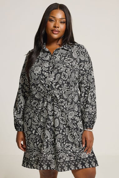 Yours Curve Black Paisley Print Mini Shirt Dress