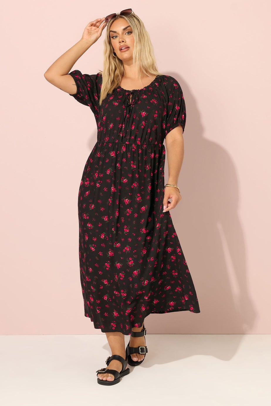 Yours Curve Black Ditsy Floral Tie Neck Maxi Dress