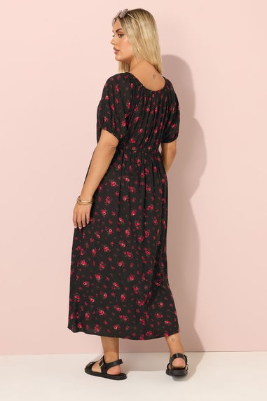 Yours Curve Black Ditsy Floral Tie Neck Maxi Dress
