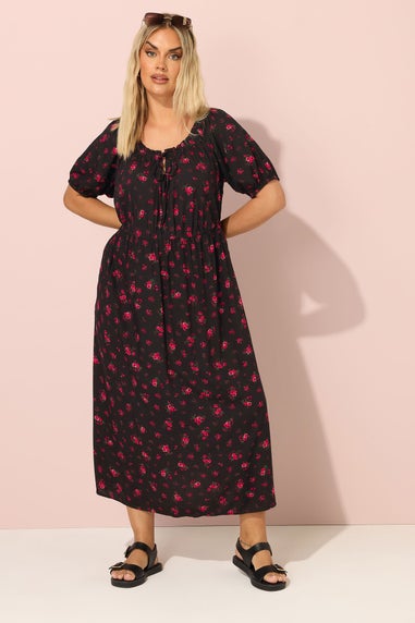 Yours Curve Black Ditsy Floral Tie Neck Maxi Dress