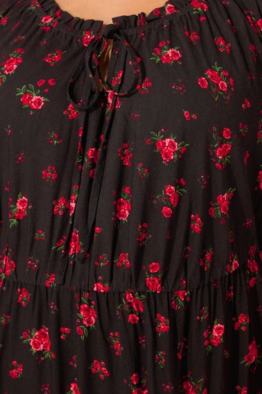 Yours Curve Black Ditsy Floral Tie Neck Maxi Dress