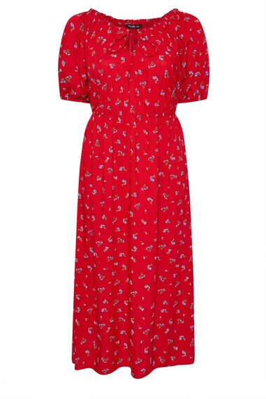 Yours Curve Red Ditsy Floral Tie Neck Maxi Dress