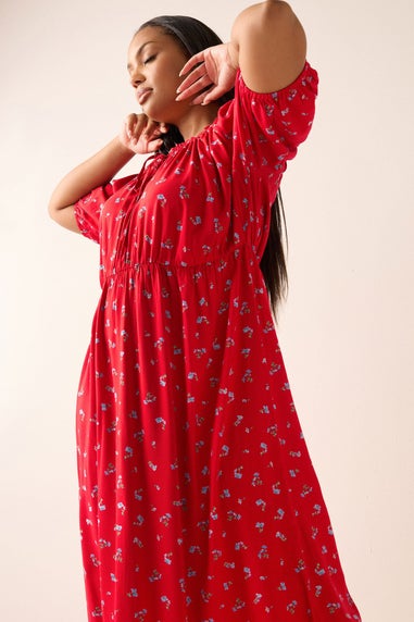 Yours Curve Red Ditsy Floral Tie Neck Maxi Dress
