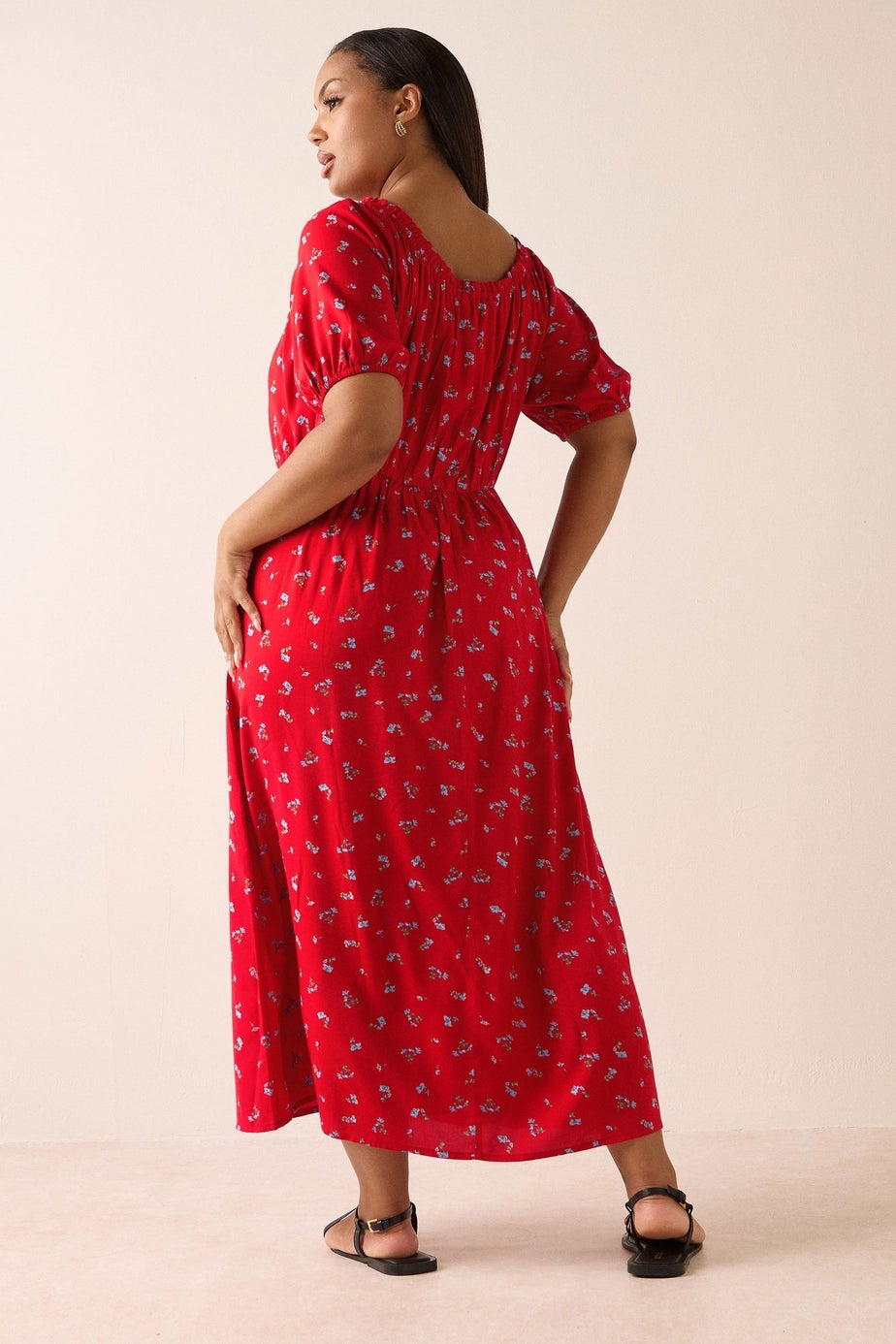 Yours Curve Red Ditsy Floral Tie Neck Maxi Dress