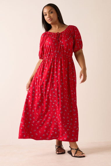 Yours Curve Red Ditsy Floral Tie Neck Maxi Dress
