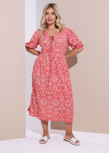 Yours Curve Red Floral Paisley Bow Tie Front Midaxi Dress
