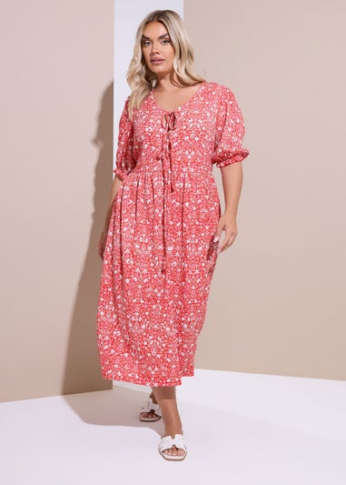 Yours Curve Red Floral Paisley Bow Tie Front Midaxi Dress