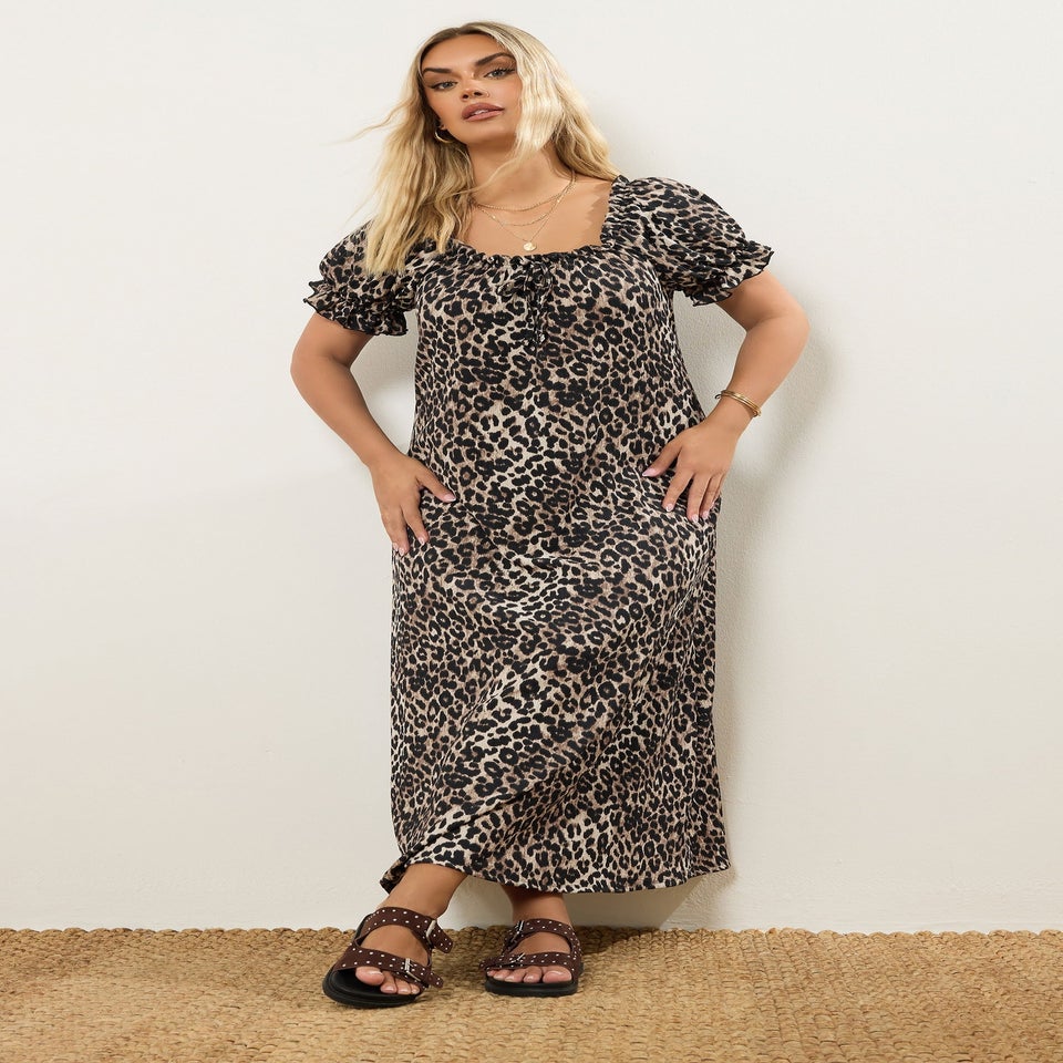Yours Curve Beige Brown Leopard Print Textured Maxi Dress