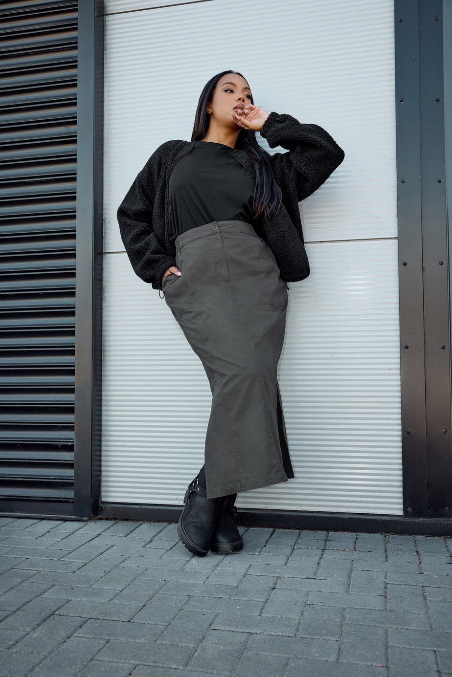 Yours Curve Charcoal Grey Cargo Maxi Skirt