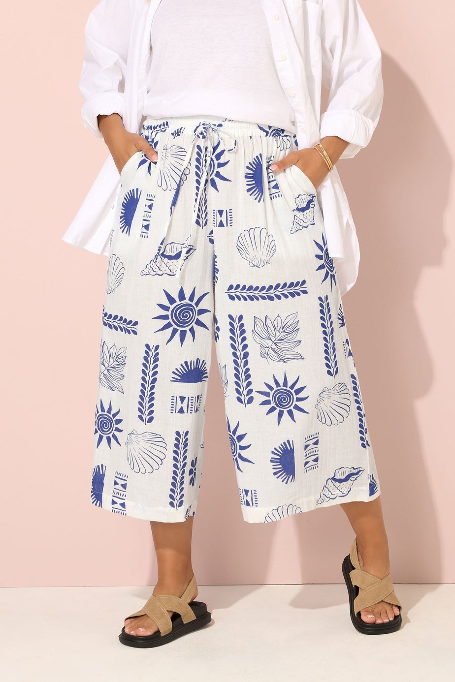 Yours Curve White Shell Print Midaxi Culottes