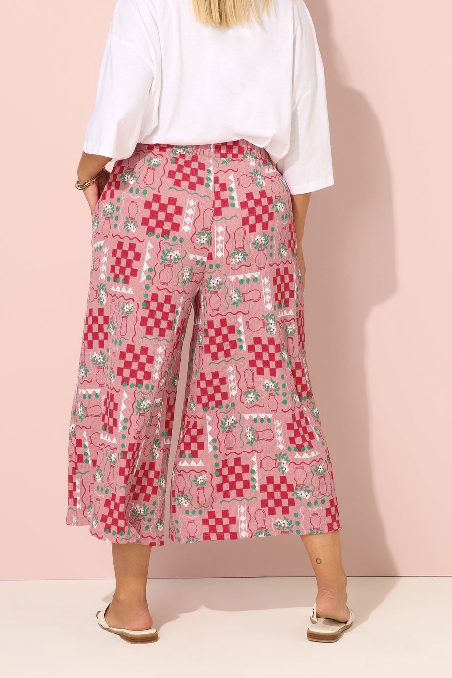 Yours Curve Pink Floral Check Crinkle Midaxi Culottes