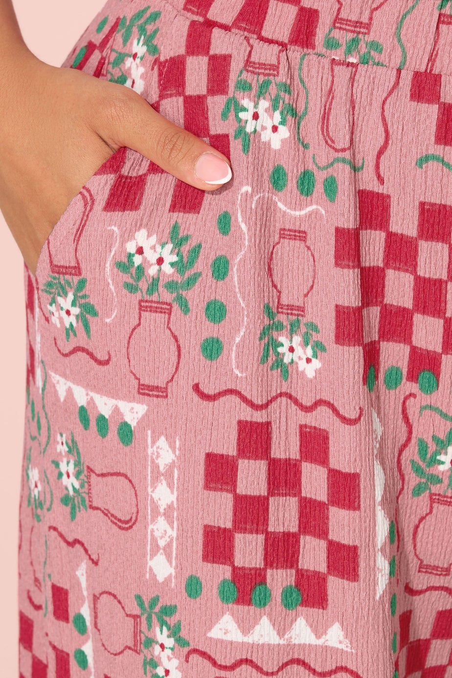 Yours Curve Pink Floral Check Crinkle Midaxi Culottes