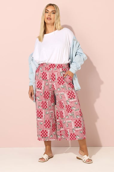 Yours Curve Pink Floral Check Crinkle Midaxi Culottes