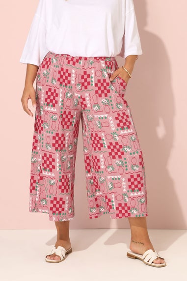 Yours Curve Pink Floral Check Crinkle Midaxi Culottes