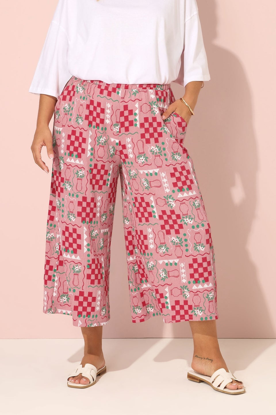 Yours Curve Pink Floral Check Crinkle Midaxi Culottes