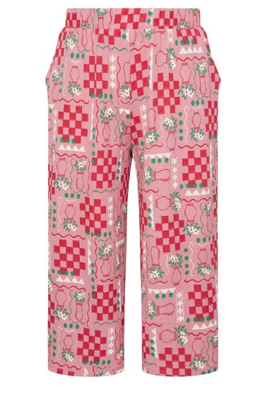 Yours Curve Pink Floral Check Crinkle Midaxi Culottes