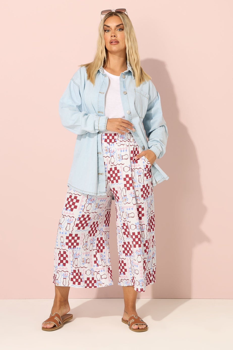 Yours Curve White Floral Check Crinkle Midaxi Culottes
