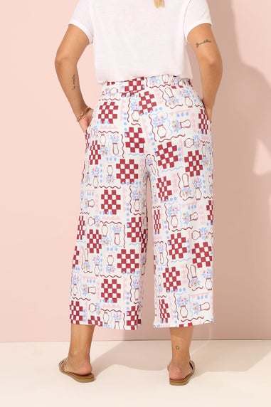 Yours Curve White Floral Check Crinkle Midaxi Culottes