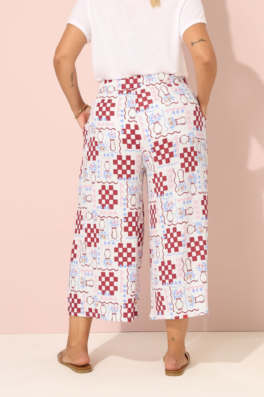 Yours Curve White Floral Check Crinkle Midaxi Culottes