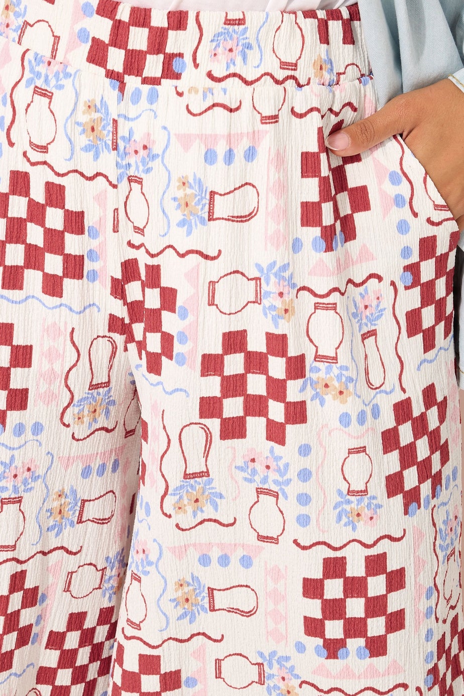 Yours Curve White Floral Check Crinkle Midaxi Culottes