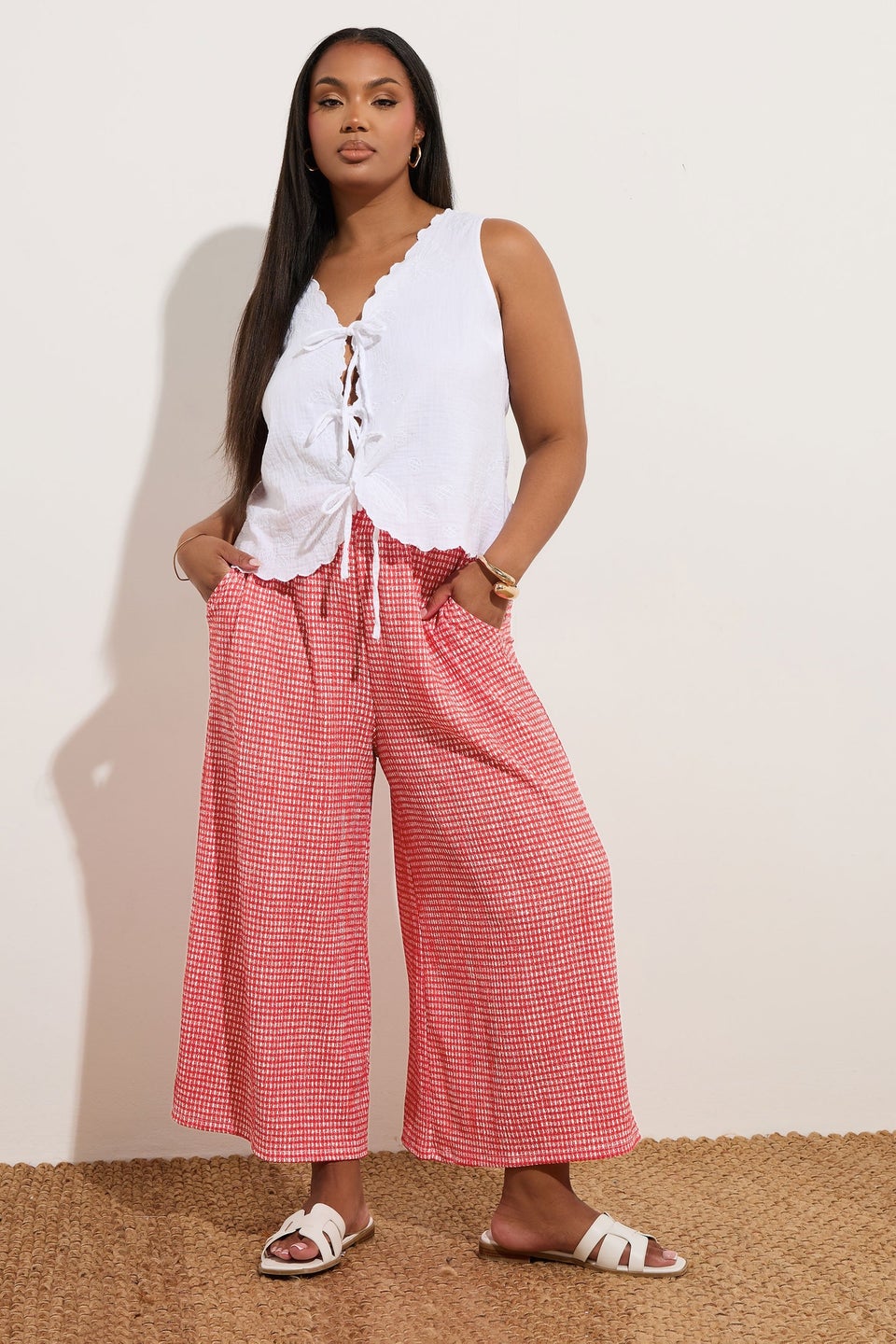 Yours Curve Red Gingham Crinkle Midaxi Culottes