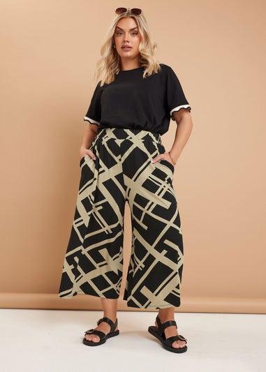 Yours Curve Black Geometric Print Midaxi Culottes