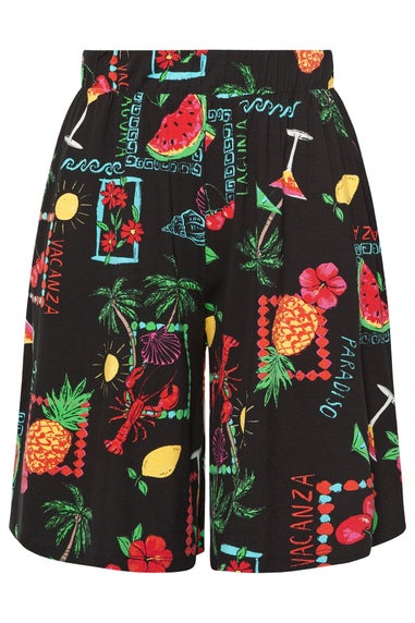 Yours Curve Black Summer Postcard Print Shorts