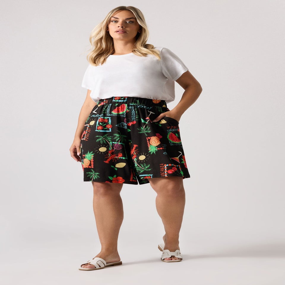Yours Curve Black Summer Postcard Print Shorts