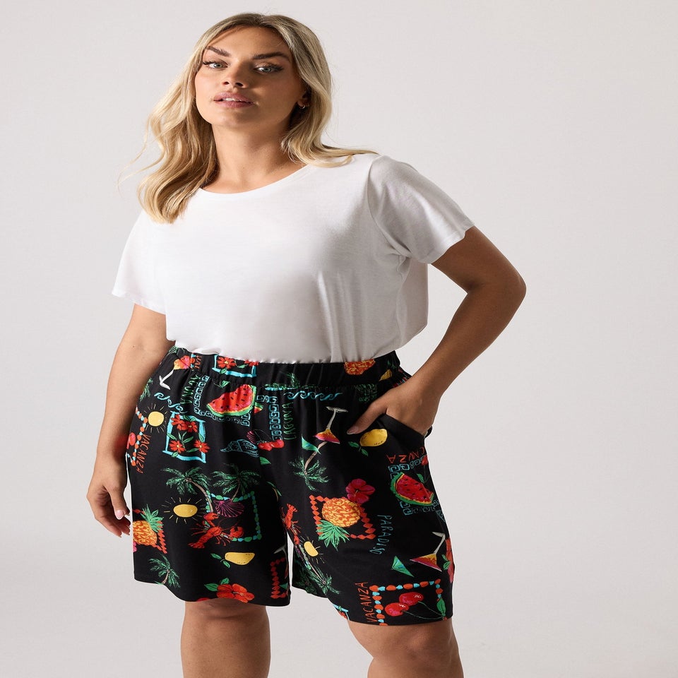 Yours Curve Black Summer Postcard Print Shorts