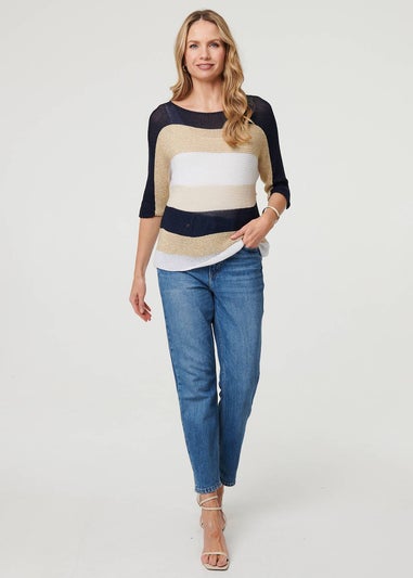 Izabel London Navy Striped 3/4 Sleeve Mesh Texture Jumper