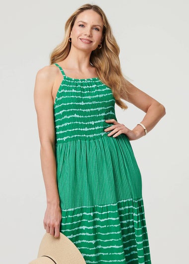 Izabel London Green Striped Ruched Texture Tiered Midi Dress