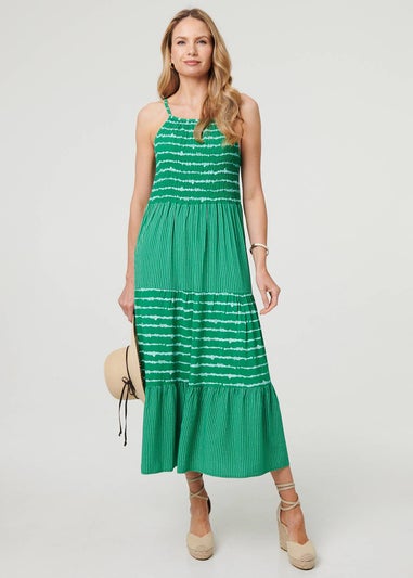 Izabel London Green Striped Ruched Texture Tiered Midi Dress