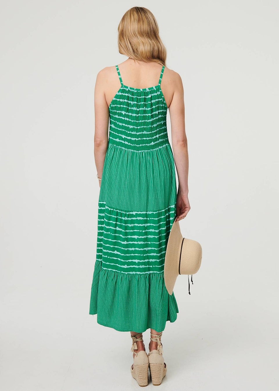 Izabel London Green Striped Ruched Texture Tiered Midi Dress